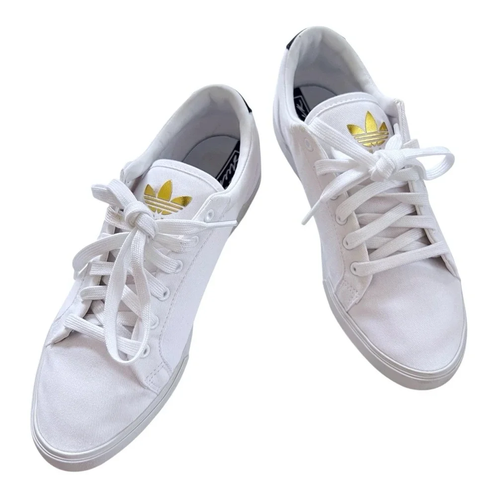 Adidas Sleek White Sneakers Rainbow and Gold Logo Canvas Shoes Womens 9M - Picture 3 of 7